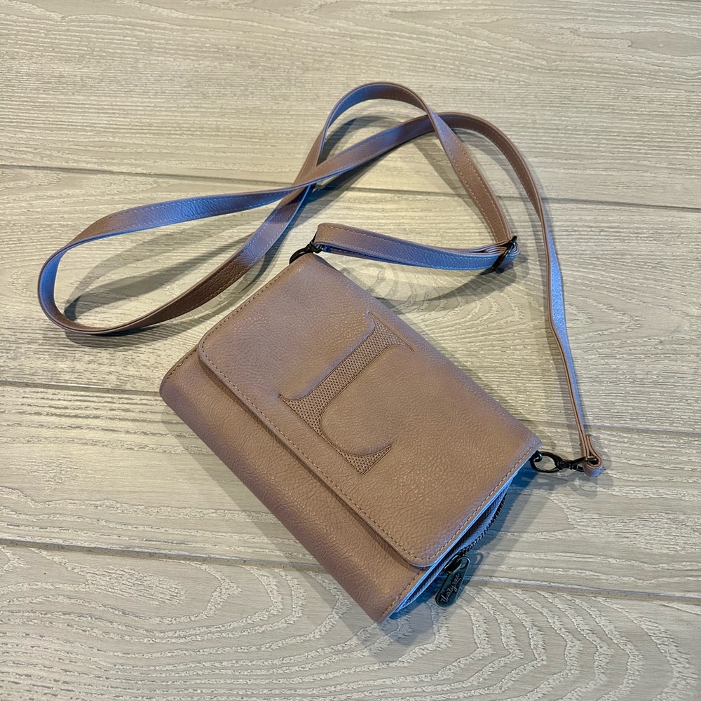 Thirty-One Inspired Crossbody Ltd Purse in Stone Distressed Pebble Embroidered L